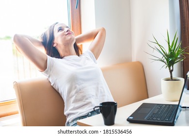 Calm Smilin Woman Relaxing With  Hands Behind Head, Happy Woman Resting  Satisfied After Work Done, Enjoying Break With Eyes Closed, Peace Of Mind, No Stress