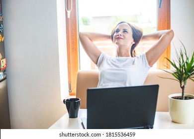 Calm Smilin Woman Relaxing With  Hands Behind Head, Happy Woman Resting  Satisfied After Work Done, Enjoying Break With Eyes Closed, Peace Of Mind, No Stress