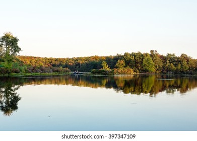 Calm Sunset On An Autumn Lake.  Destination Gouldsboro State Park In Pennsylvania