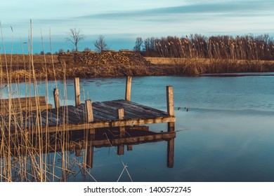 Calm View Of Wooden Floating Dock On A Pond In Spring