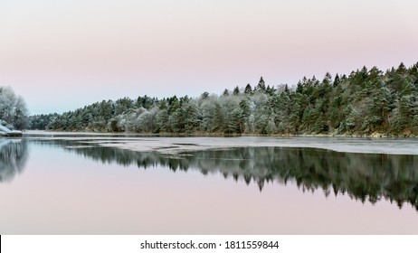 Calm water and reflections from trees and sky. Beautiful silence morning at sunrise, dawn in early winter. Pink colored sky as background, place for text, copy space. - Powered by Shutterstock