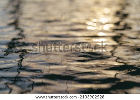 Calm water surface in the first rays of the sun. Natural background. Silent awakening of nature. 