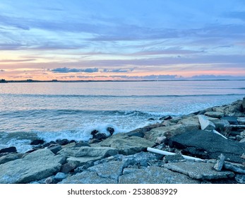 Calm Waves, Ocean View during Sunset Rocky Beach Golden Hour Cloudscape  - Powered by Shutterstock