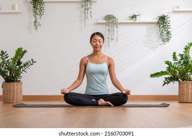 Calm of wellness Asian young woman sit on yoga mat doing breathing with yoga lotus pose.Yoga meditation of young healthy woman relax and comfortable at white cozy home,Yoga Exercise Wellness Concept - Powered by Shutterstock