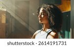 Calm woman, relax and sunlight with meditation at home for zen, awareness or mindfulness. Female person, yogi or balance with inner peace for stress relief, breathing exercise or wellness at house