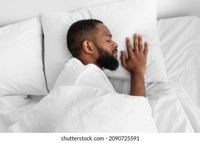 Calm young african american man with beard sleeping on white bed, on soft pillow under duvet in bedroom interior, profile. Guy enjoying healthy sleep, rest and relax at night, at weekend or vacation