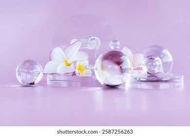 A calming setup features crystal spheres and vibrant flowers, perfect for spa ambiance and skincare.