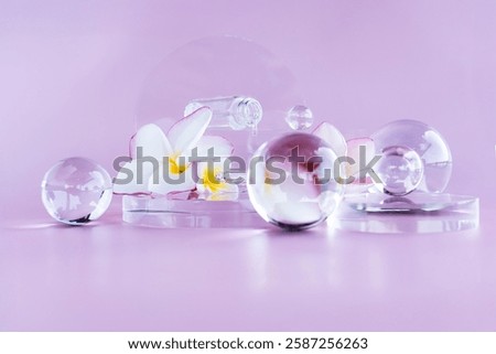 A calming setup features crystal spheres and vibrant flowers, perfect for spa ambiance and skincare.