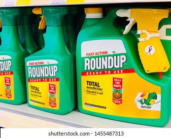 Calne, Wiltshire, Uk, July 19, 2019. Roundup Weed Killer On Sale And Readily Available On A Supermarket Shelf In The UK.