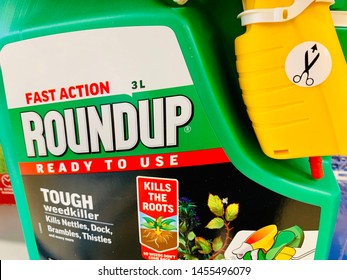 Calne, Wiltshire, UK, July 19, 2019. Roundup Weed Killer On Sale And Readily Available On A Supermarket Shelf In The UK. 