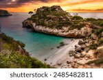 Calo des Moro Beach Majorca, Spain during sunset with no people, wide angle shot with beautiful sky, Mallorca