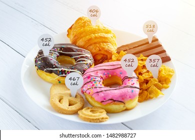 Calories counting and food control concept. doughnut ,croissant ,chocolate and cookies with label of quantity of calories for Calories measuring