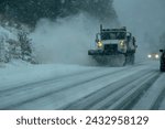 Caltrans snowplows work to clear snow off U.S. 395 in Mono County during the latest winter storm in the Sierra Nevada of California.