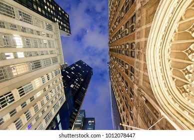 Calvary Baptist Church And City Skyscrapers In Manhattan At Night.