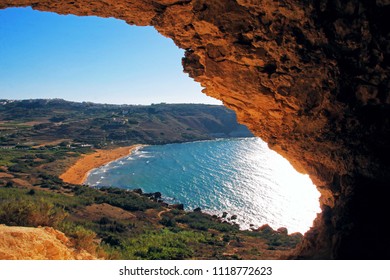 Calypso Cave, Gozo, Malta; 06/09/2018: Picture taken from inside Calypso's Cave with a view of Rambla's Bay. 