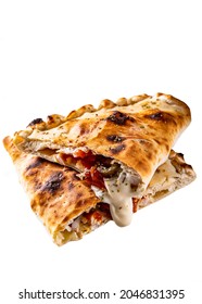 calzone pizza folded in half with meat, vegetables and cheese isolated on white background