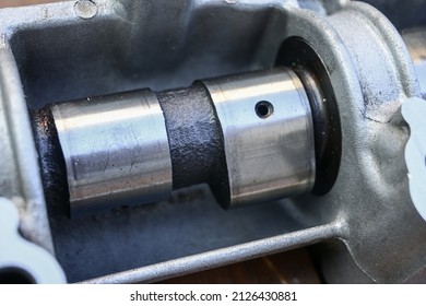 Cam Lobes. Car Camshaft. Camshaft In Body. Closeup.