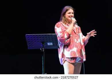 Camaiore (LU), Italy - July 30, 2022:  Michela Giraud Performs On The Stage Of The Giorgio Gaber Festival At Camaiore