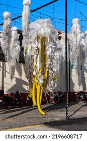 CAMARA DE LOBOS, PORTUGAL - AUGUST 27, 2021: This Is A Homemade Decoration Made From Garbage, In The Form Of Jellyfish Figurines On The Occasion Of A Local Holiday.