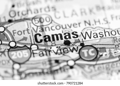 Camas. Oregon. USA on a map.