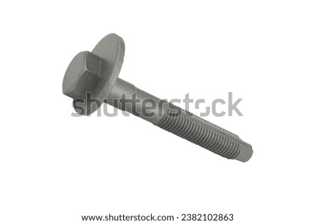 Camber adjusting bolts close-up isolated on white background. Cam bolt isolated. Eccentric screw bolt for adjusting the angle of the wheel isolated. 