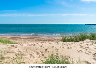 Camber Sands Beach In East Sussex, In The Village Of Camber, UK. The 3 Miles Stretch Is The Only Sand Dune Beach In East Sussex.