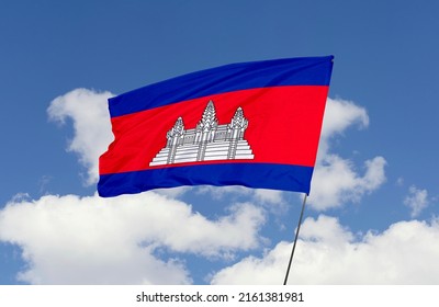 Cambodia flag is isolated on the blue sky with a clipping path. flag symbols of Cambodia.