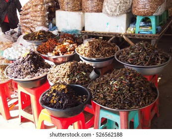 Cambodia Food Stall With Insects