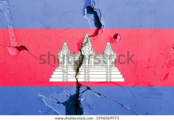 Cambodia national flag icon\
grunge pattern painted on old weathered broken wall background,\
abstract Cambodia politics economy society issues concept texture\
wallpaper