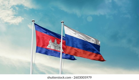 Banderas de la amistad de Camboya y Rusia ondean en el cielo. Bandera de país doble ondeando con mástil. Camboya Rusia Bandera nacional de Acuerdo.