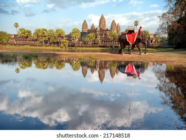 Cambodia, Siem Reap, Angkor Wat Khmer Temple Landscape Photography With Elephant. Travel To Asia  