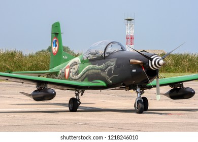 CAMBRAI, FRANCE - JUN 26, 2010: Austrian Air Force Pilatus PC-7 Turboprop Trainer Plane On The Tarmac Of Cambai Airbase.