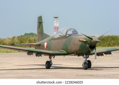 CAMBRAI, FRANCE - JUN 26, 2010: Austrian Air Force Pilatus PC-7 Turboprop Trainer Plane On The Tarmac Of Cambai Airbase.