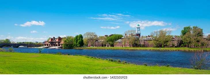 Cambridge along Charles river with blue sky
