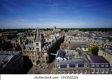 Cambridge, Cambridgeshire, England - 4 July, 2019:  Cityscape from the rooftop of tower in Great St Mary's Church, Cambridge University, capturing the town.