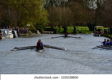 CAMBRIDGE, CAMBRIDGESHIRE, ENGLAND, UK - MARCH 09, 2019: Cambridge University College Boat Clubs Take Part In The Lent Bumps Rowing Competition On The River Cam.