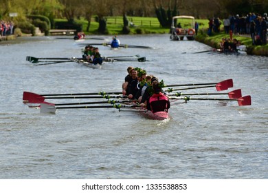 CAMBRIDGE, CAMBRIDGESHIRE, ENGLAND, UK - MARCH 09, 2019: Cambridge University College Boat Clubs Take Part In The Lent Bumps Rowing Competition On The River Cam.