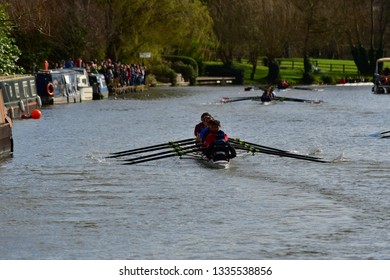 CAMBRIDGE, CAMBRIDGESHIRE, ENGLAND, UK - MARCH 09, 2019: Cambridge University College Boat Clubs Take Part In The Lent Bumps Rowing Competition On The River Cam.