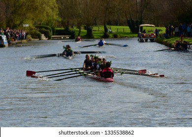 CAMBRIDGE, CAMBRIDGESHIRE, ENGLAND, UK - MARCH 09, 2019: Cambridge University College Boat Clubs Take Part In The Lent Bumps Rowing Competition On The River Cam.