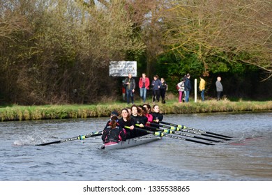 CAMBRIDGE, CAMBRIDGESHIRE, ENGLAND, UK - MARCH 09, 2019: Cambridge University College Boat Clubs Take Part In The Lent Bumps Rowing Competition On The River Cam.