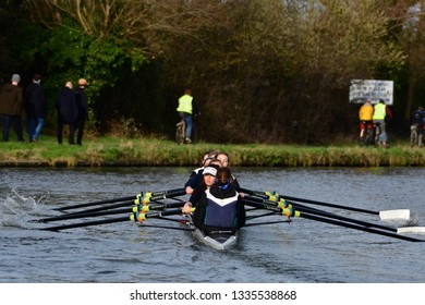 CAMBRIDGE, CAMBRIDGESHIRE, ENGLAND, UK - MARCH 09, 2019: Cambridge University College Boat Clubs Take Part In The Lent Bumps Rowing Competition On The River Cam.