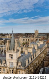 Cambridge, Cambridgeshire, UK - 02.17.2022: This image shows Gonville and Caius College tower, Trinity College and st John's College from tower of Great St Margarets Church 