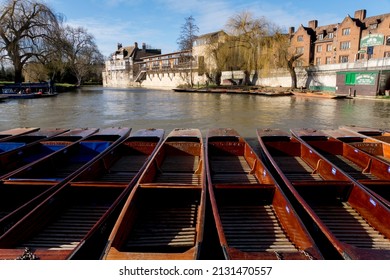 Cambridge, Cambridgeshire, UK - 02.17.2022: This image shows punts on river cam, Cambridge university