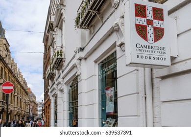 CAMBRIDGE, CAMBRIDGESHIRE, UK - CIRCA MAY 2017: Large University book press and store showing the University crest on the signage, showing in the city, near the famous  Universities.