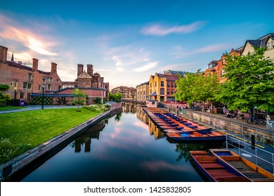 Cambridge City Canal At Sunset. England 