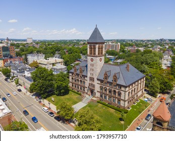 Cambridge City Hall Aerial View On Massachusetts Avenue In Downtown Cambridge, Massachusetts MA, USA.