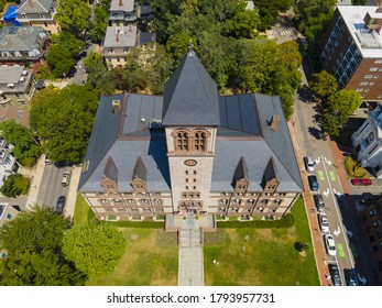 Cambridge City Hall Aerial View On Massachusetts Avenue In Downtown Cambridge, Massachusetts MA, USA.