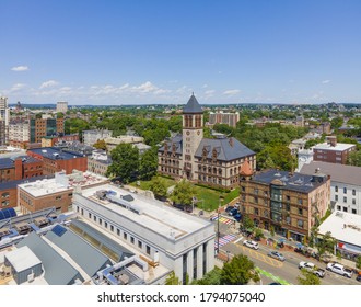 Cambridge City Hall Aerial View On Massachusetts Avenue In Downtown Cambridge, Massachusetts MA, USA.