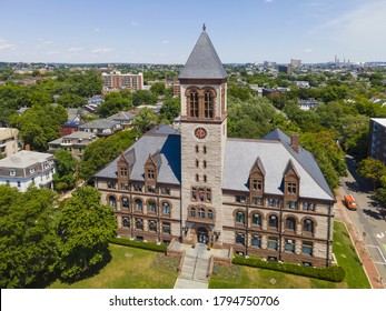 Cambridge City Hall Aerial View On Massachusetts Avenue In Downtown Cambridge, Massachusetts MA, USA.