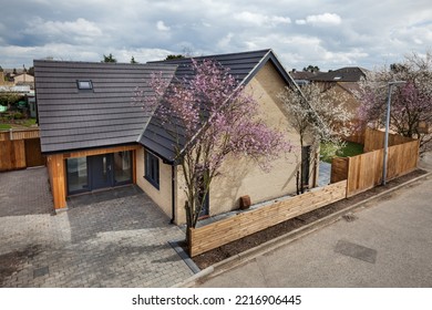 Cambridge, England - March 29 2018: Elevated New Build Vacant Home Street View